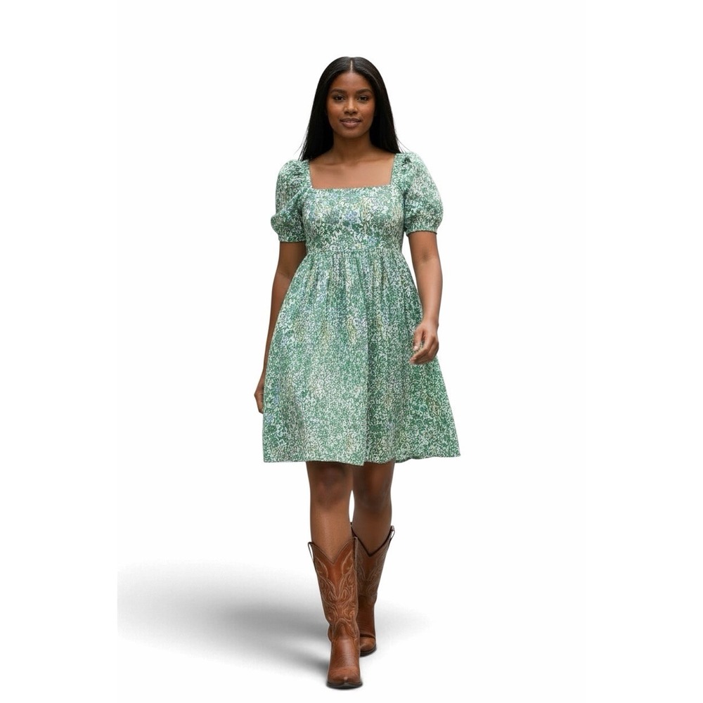 JCrew Plus Size 18 Linen Cotton Blend Mini Dress Green Floral Puff Sv Smocked